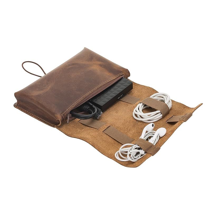 HARDISTON Genuine Leather Electronic Cable Organizer Bag Handmade Travel Cord Organizer Roll Case... | Amazon (US)