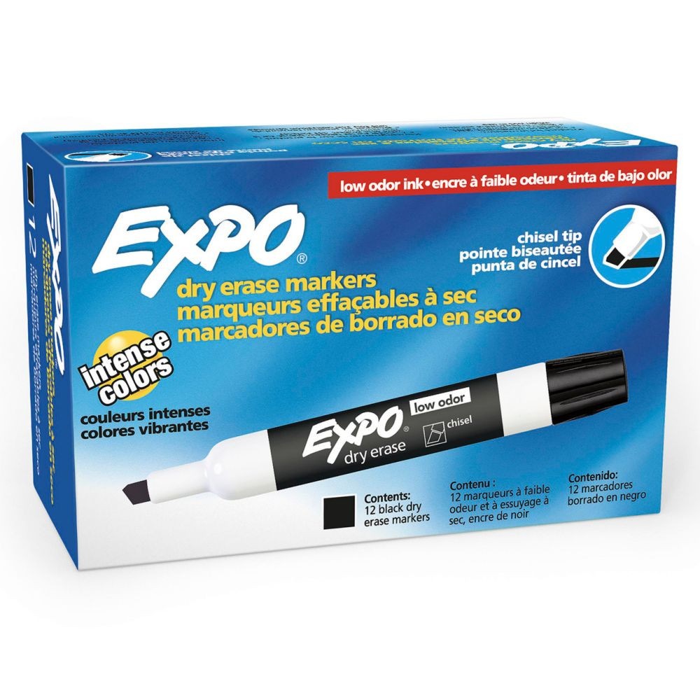 EXPO Low-Odor Dry Erase Markers, Chisel Tip, Black, Box of 12 | Oriental Trading Company