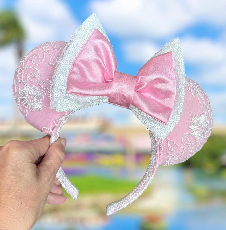 Pink and White Princess Floral Embroidered Minnie Ears, Sequin  Ear Headband | Etsy (US)
