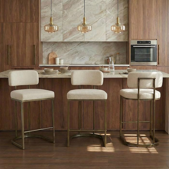 26" H Counter Height Bar Stools Set of 3, Modern Linen Fabric Upholstered Barstools with Backrest... | Amazon (US)