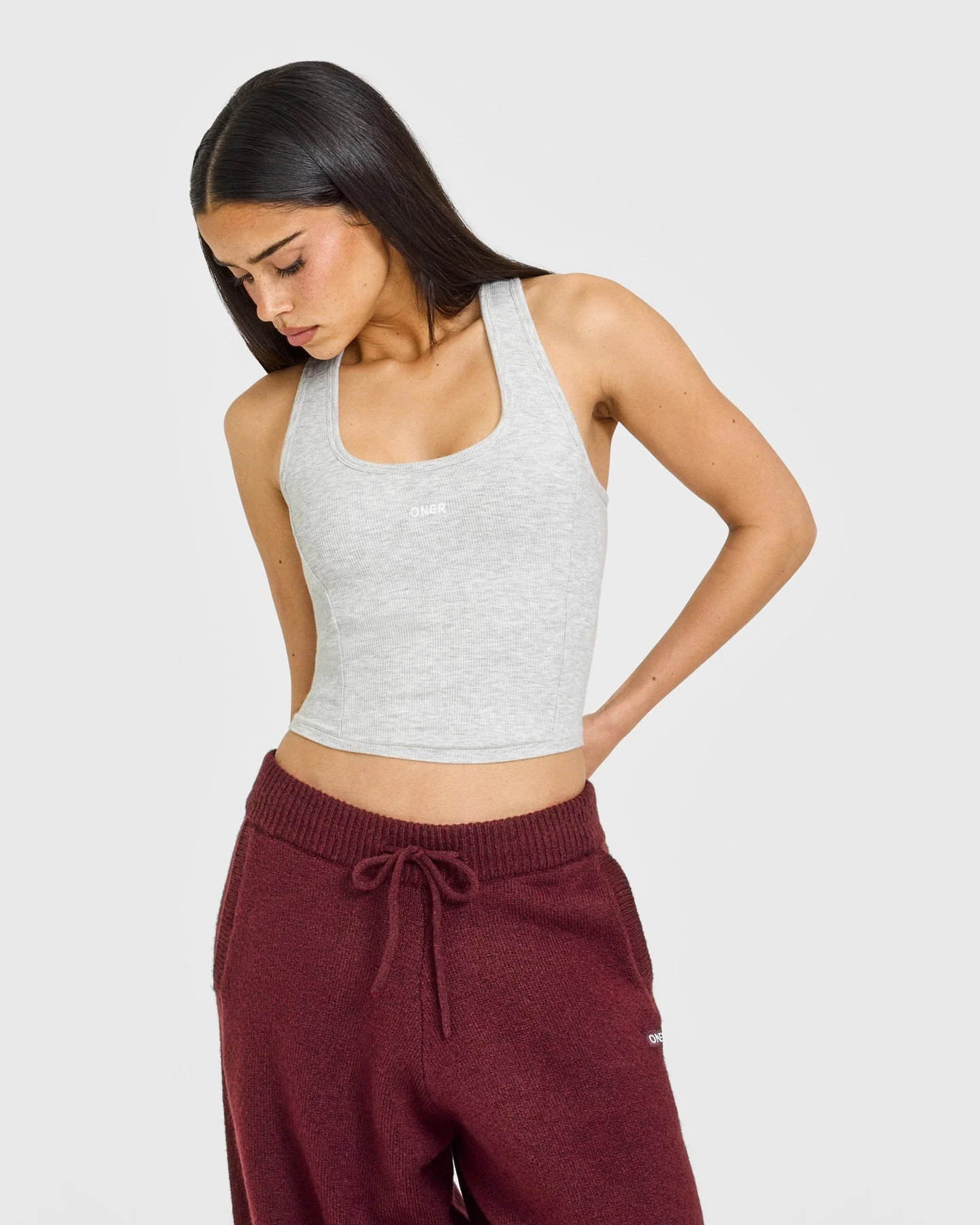 Mellow\u2122 Rib Oner Embroidered Square Neck Mid Tank Top with Built in Bra Shelf 
 Light Gray M... | Oner Active (UK / US)
