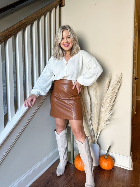 Thanksgiving outfit idea from Amazon. White amazon cardigan size small and true to size. Amazon brown leather skirt. Dolce vita cowboy boots. Thanksgiving style. White cardigan outfit. 

#LTKunder100 #LTKHoliday #LTKSeasonal
