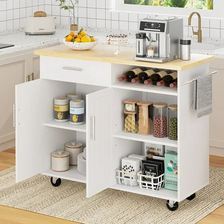 Walsunny 42" Kitchen Island Cart with Storage,Rolling Kitchen Island Side Table on Wheels with Large Worktop,Storage Cabinet,Towel Rack and Drawers,White | Walmart (US)