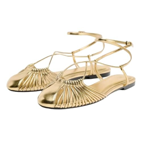 Amazon.com | Womens Weave Retro Roman Ankle Strap Hollow Flat Sandals Gold 37(US 6.5) | Shoes | Amazon (US)