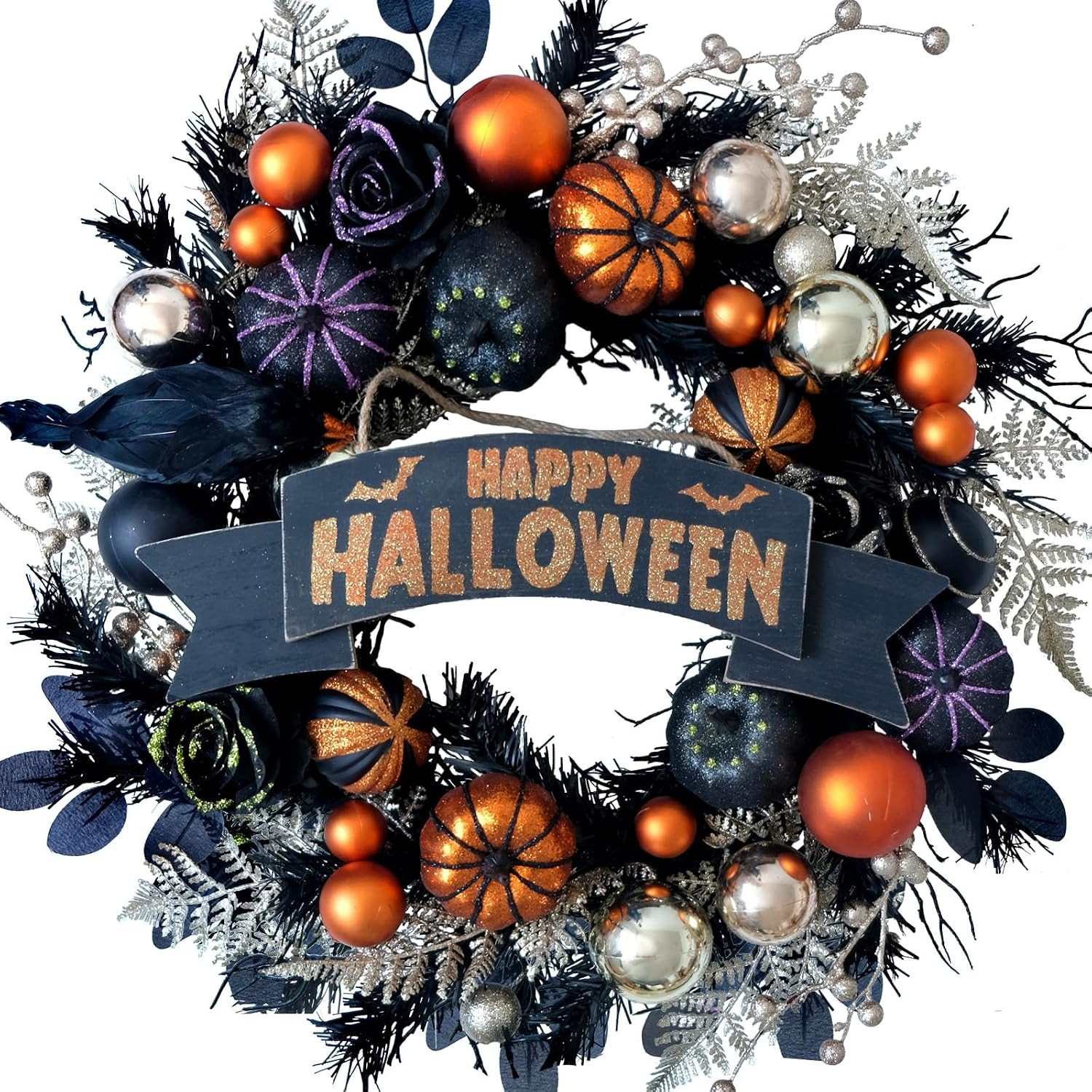 24“ Halloween Black Glitter Pumpkin with Balls Wreath for Front Door | Amazon (US)