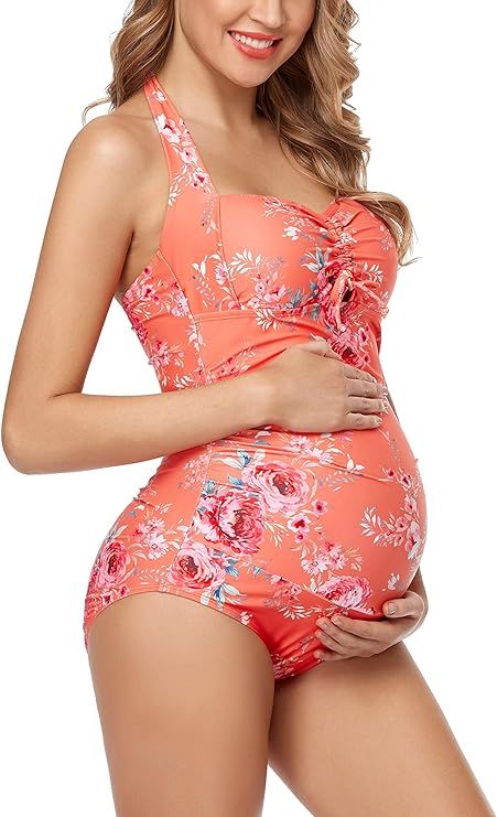 EastElegant Maternity Swimwear One Piece Halter Pregnancy Swimsuit Floral Bathing Suits with Adju... | Amazon (US)
