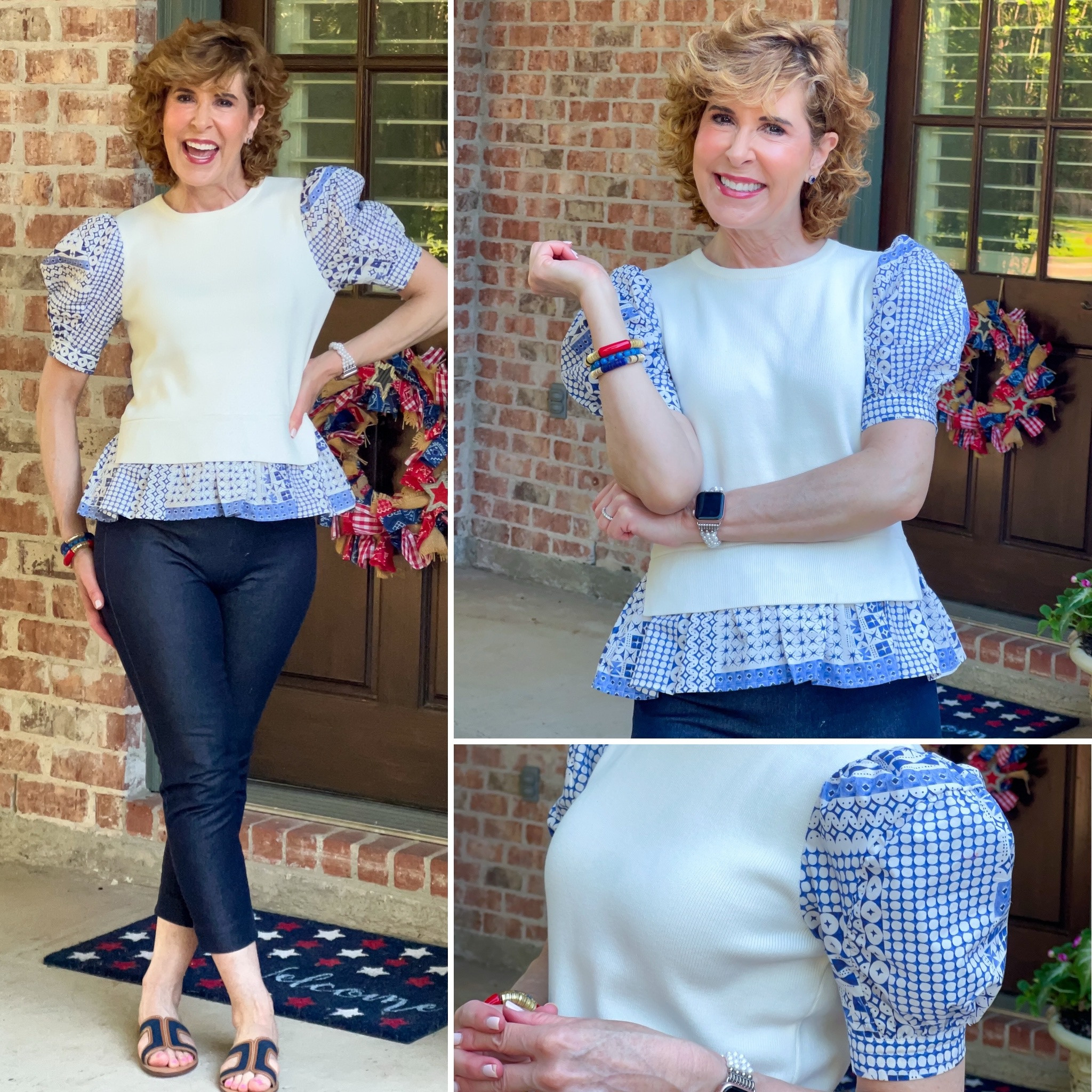 Darling puff sleeve peplum summer sweater from the English Factory!

I paired it with fitted denim slacks (for balance) and denim & leather slides.

Completed my look with a pearl watch and, a patriotic bracelet stack, and sapphire and diamond earrings!

Use code SUZY15 for 15% off my top!0

#LTKOver40 #LTKFindsUnder100 #LTKStyleTip