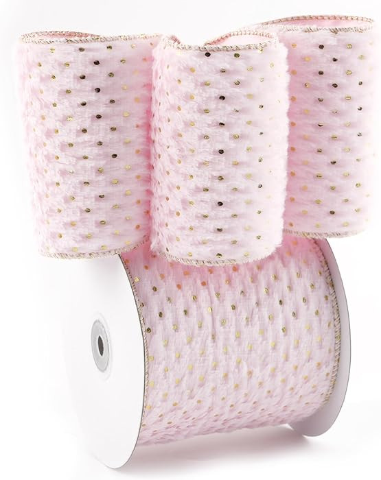 Pink and Gold Christmas Ribbon - 4" X 10 Yards Faux Fur Wired Ribbon with Gold Polka Dot, Perfect... | Amazon (US)