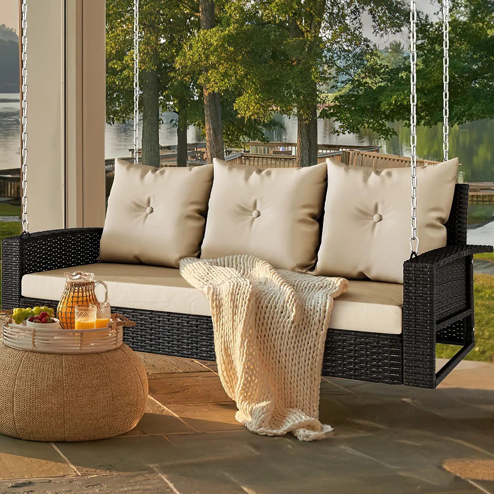 YITAHOME 3-Seats Hanging Porch Swing Chair Outdoor Black Rattan Patio Swing Wicker Swing Lounge 3... | Amazon (US)