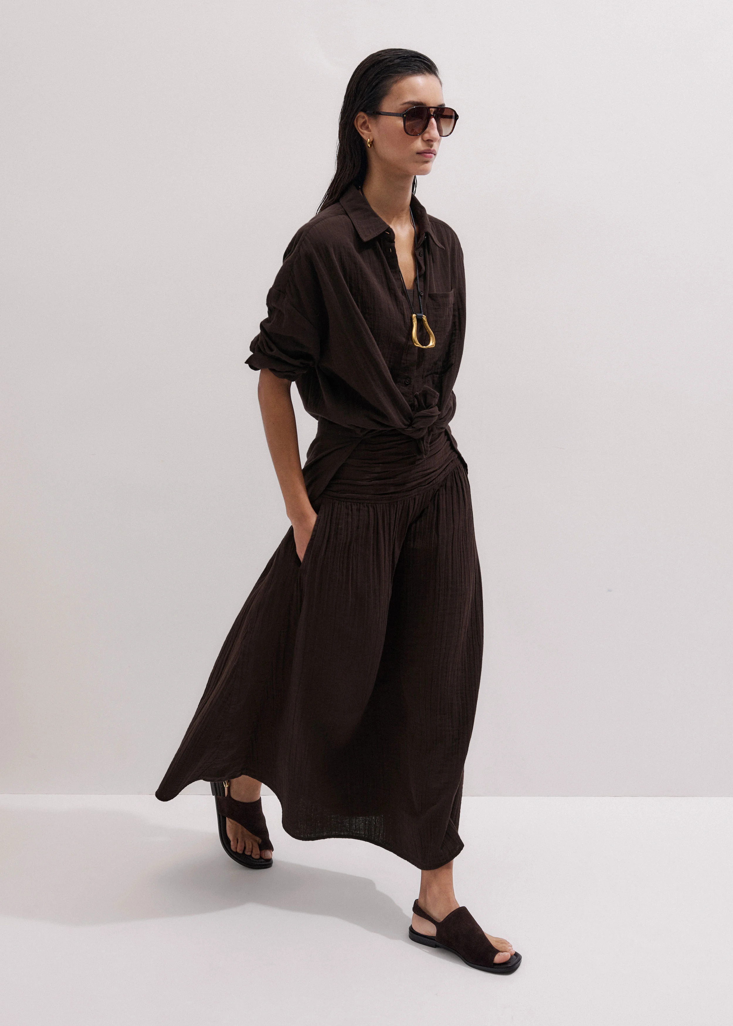 Women's Brown Cheesecloth Relaxed Maxi Skirt | ME+EM | ME+EM Global (Excluding US)