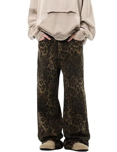 COOLMONAR Women's Y2K Leopard Print Jeans Chic Street Style Wide Leg Denim Pants Retro Hip Hop Loose Trouser | Amazon (US)