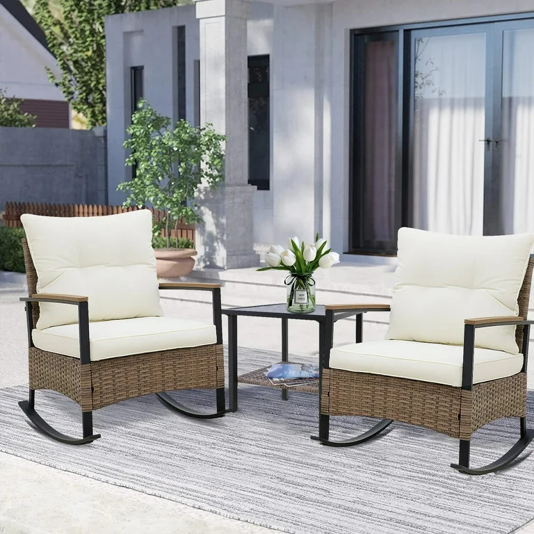 INTER HUT 3-Piece Outdoor Furniture Rocking Chairs Set, Brown Wicker Patio Rocking Chair with Cus... | Walmart (US)
