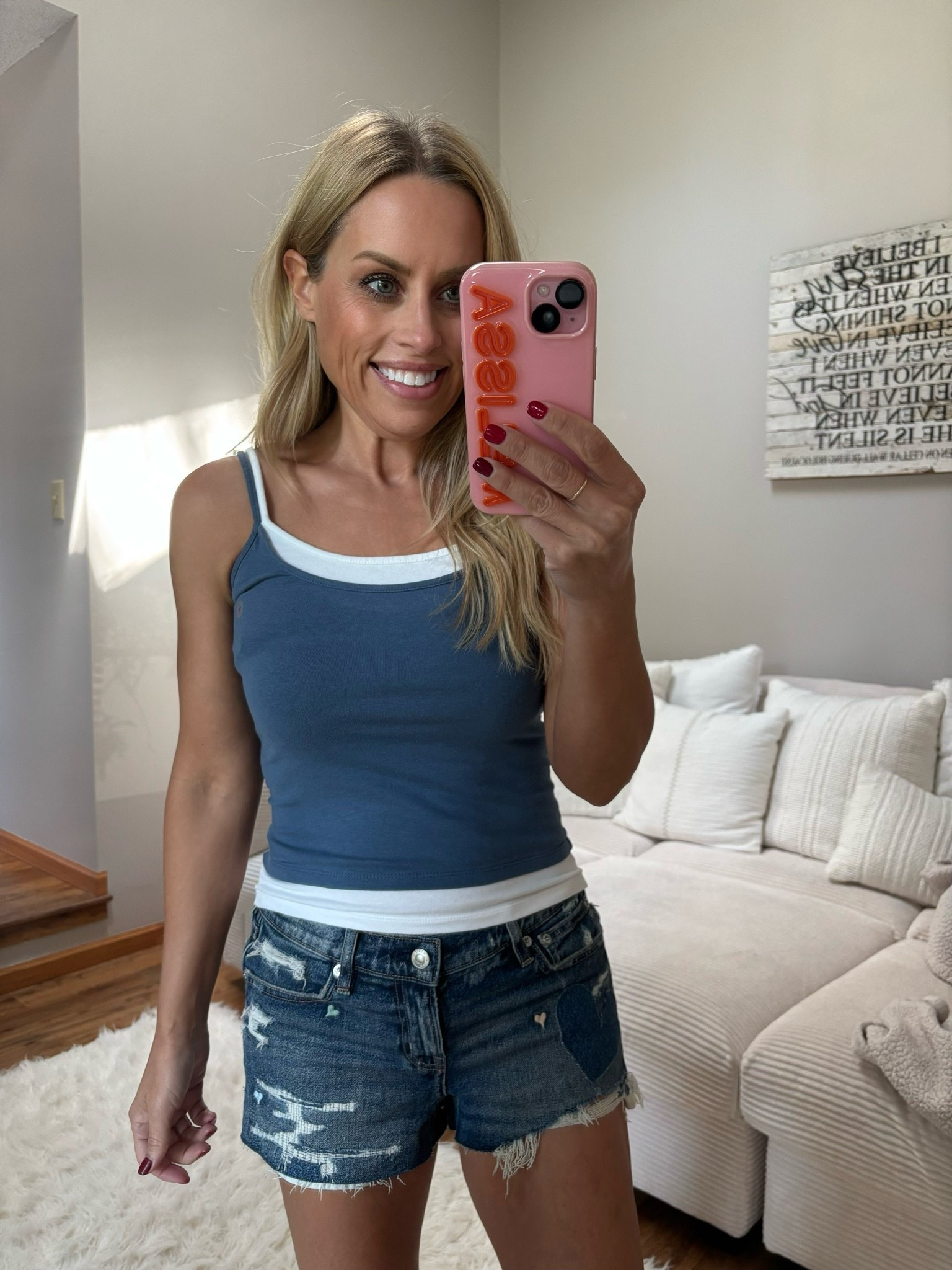 The sewn-in trim on this tank gives it the double-layered look without the extra fabric! Comes in lots of color combos and is on sale today! Form-fitting, I’m in my normal size, but I’m debating about sizing up one! #ad

#LTKOver40 #LTKmomlife