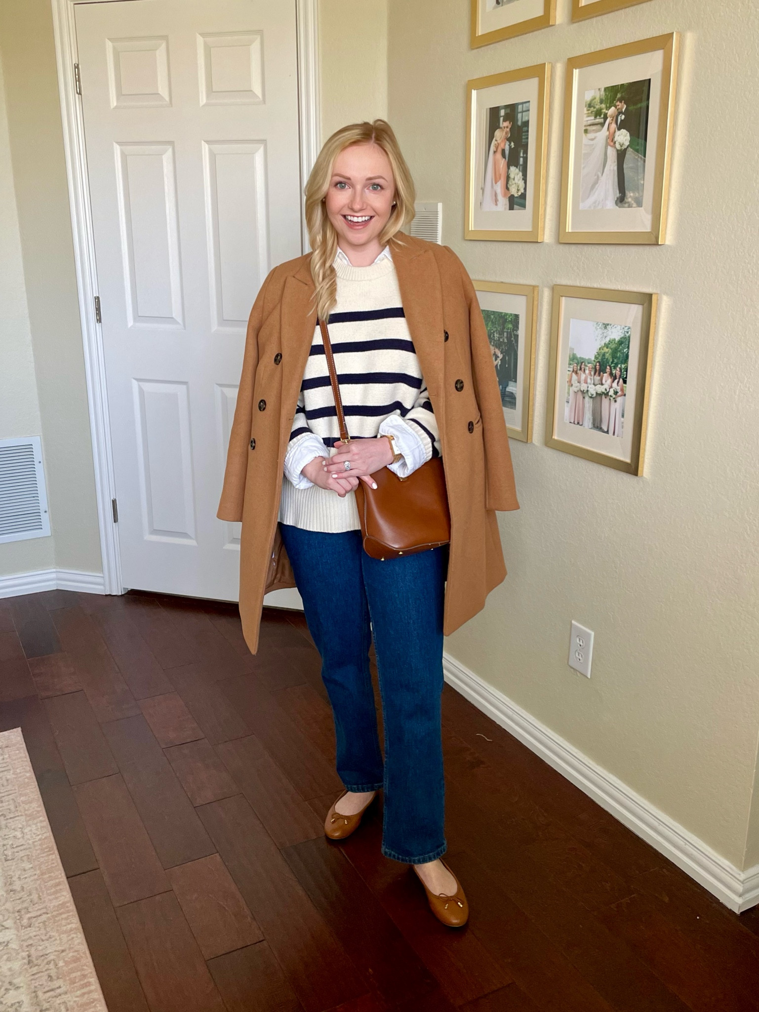 Sweater is old from Zara, linked similar options! | coastal outfit, coastal style, coastal winter outfit, preppy winter outfit, striped sweater, navy and white striped sweater, straight jeans, straight denim, ballet flats, winter coat, camel coat 

#LTKSeasonal #LTKfindsunder100 #LTKstyletip