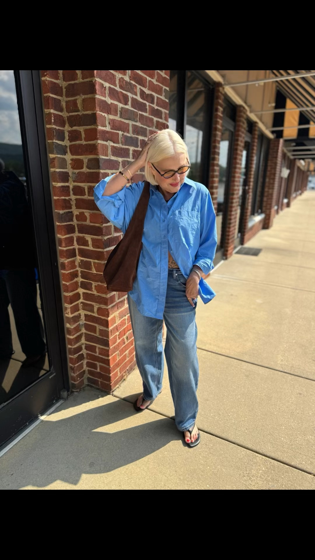 What  I wore to my grandsons soccer game! 
Cos blue shirt
Quince barrel leg jeans
Zara black leather sandals
Quince suede hobo bag
Miu Miu sunnies 

@Quince @Zara @onequince @cos 

#LTKdayinmylife #LTKSaleAlert #LTKootd