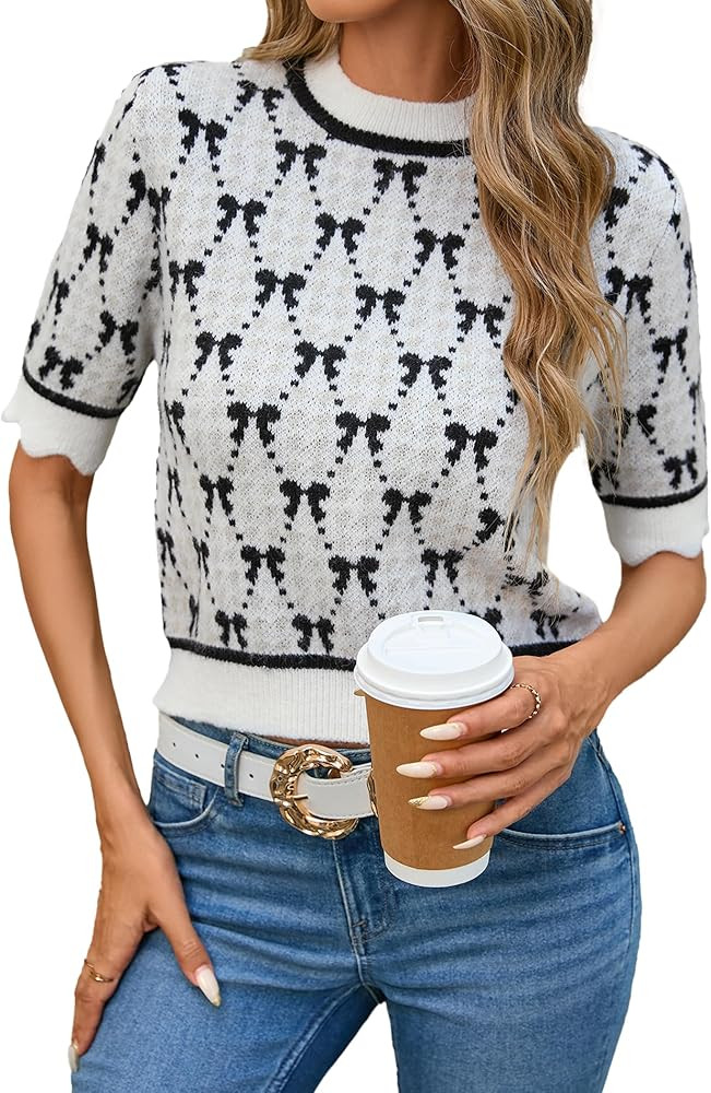 Women's Casual Crewneck Knit Bow Print Crop Short Sleeve Sweater Spring 2025 Cute Lightweight Pul... | Amazon (US)