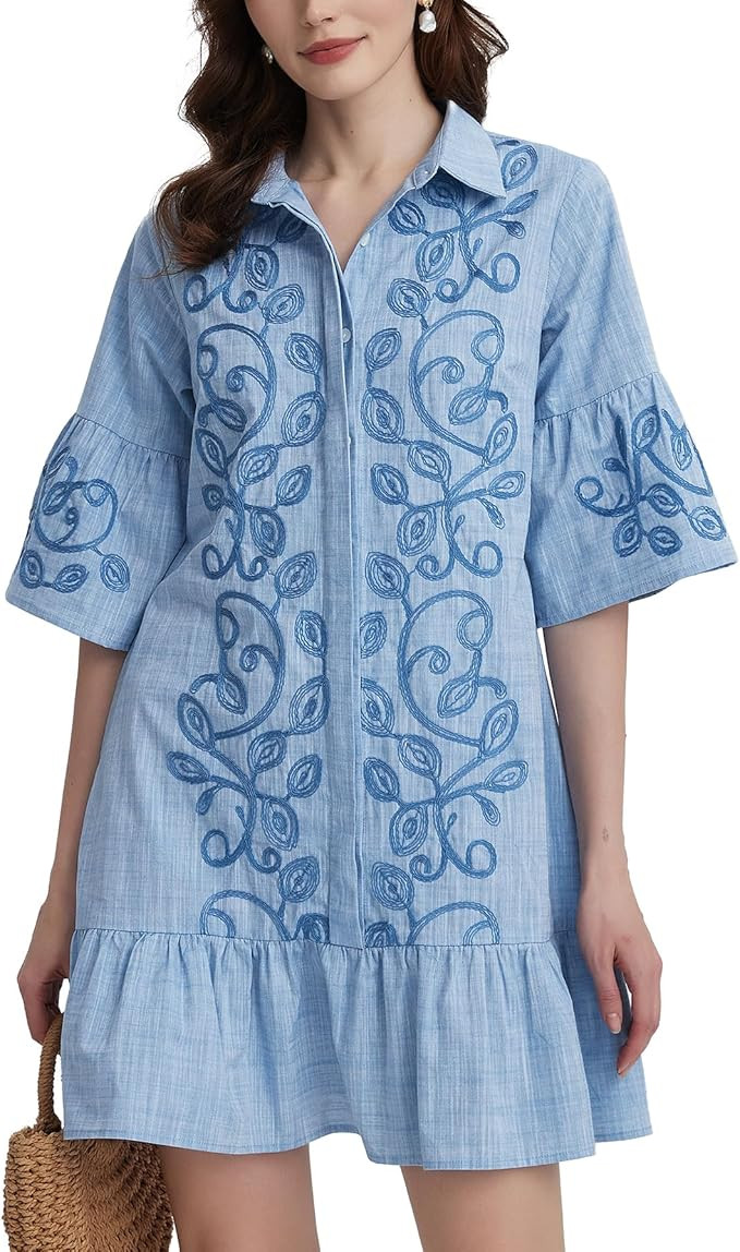 Kedera Women's Summer Button Down Shirt Embroidered Dress Ruffle Sleeve Shift Mini Dresses with P... | Amazon (US)
