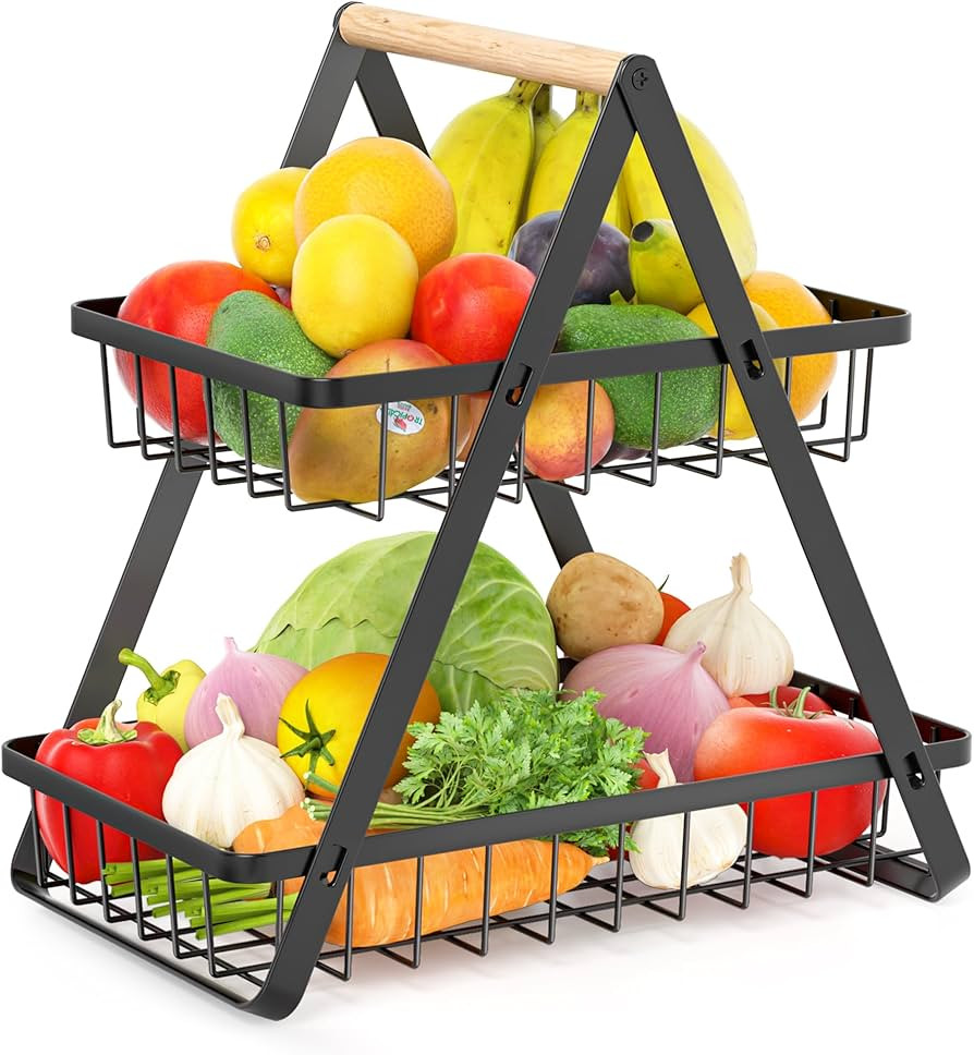 2 Tier Fruit Basket, Upgraded Fruit Bowl, Detachable Metal Fruit Holder Vegetable Basket for Kitc... | Amazon (US)