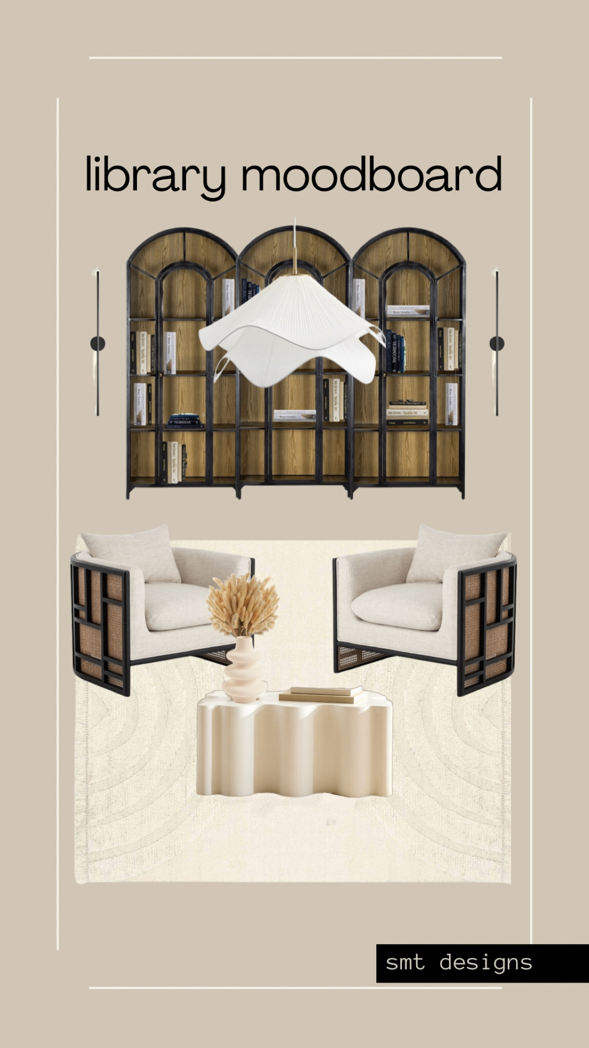 A modern organic feminine library design board featuring black and wood panelled arched bookcases with doors, minimal sconces, a feminine overhead pendant, black and cane barrel chairs with cream upholstery, a modern contemporary coffee table with wavy lines and an area rug featuring arches  

#LTKhome #LTKFind #LTKunder100
