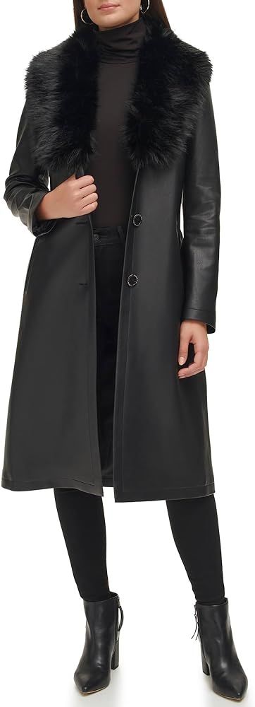 Kenneth Cole Women's Knee Length Faux Leather Belted Moto Jacket with Fur Collar | Amazon (US)