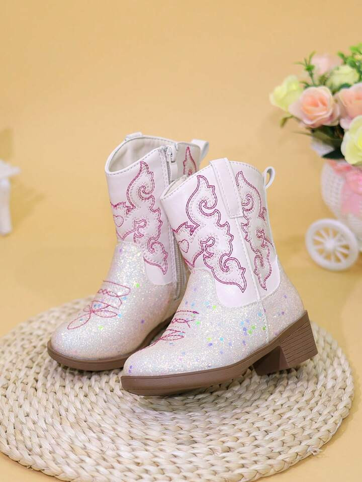 Children Boots, Girls Tall Boots, Mid-Calf Boots, Embroidered High Heel Boots, Western Cowgirl Bo... | SHEIN