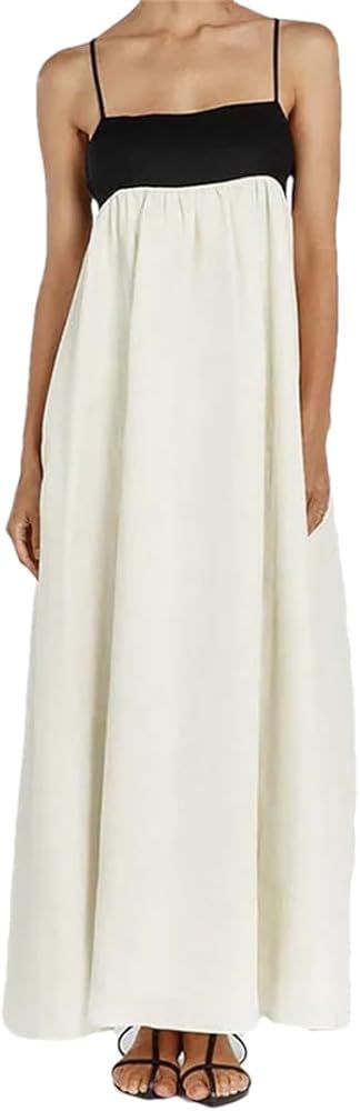Women's Cotton Patchwork Spaghetti Strap Dresses Casual Open Back Loose Dresses | Amazon (US)