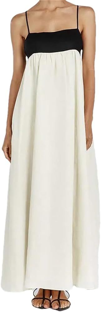 Women's Cotton Patchwork Spaghetti Strap Dresses Casual Open Back Loose Dresses | Amazon (US)