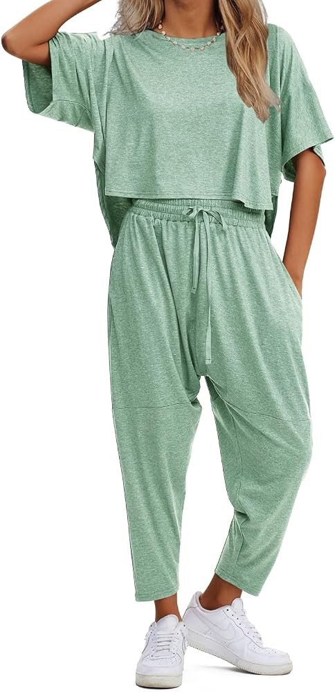 EXLURA Women's Summer 2 Piece Outfits Short Sleeve Crop Top and Jogger Pants Loose Pajama Lounge ... | Amazon (US)