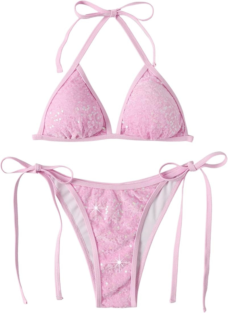 SweatyRocks Women's Sequin 2 Piece Swimsuit Halter Triangle Bikini Tie Side Bathing Suit | Amazon (US)