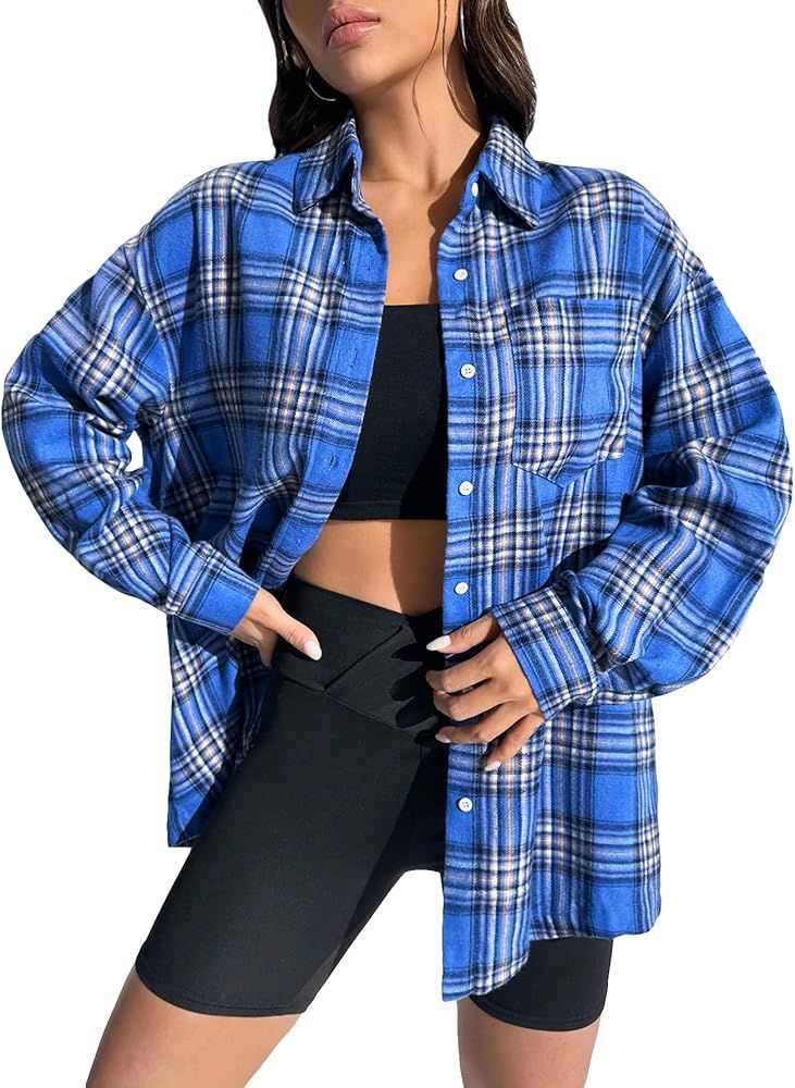 MakeMeChic Women's Plaid Print Long Sleeve Button Down Shirt Blouse Oversized Tops | Amazon (US)