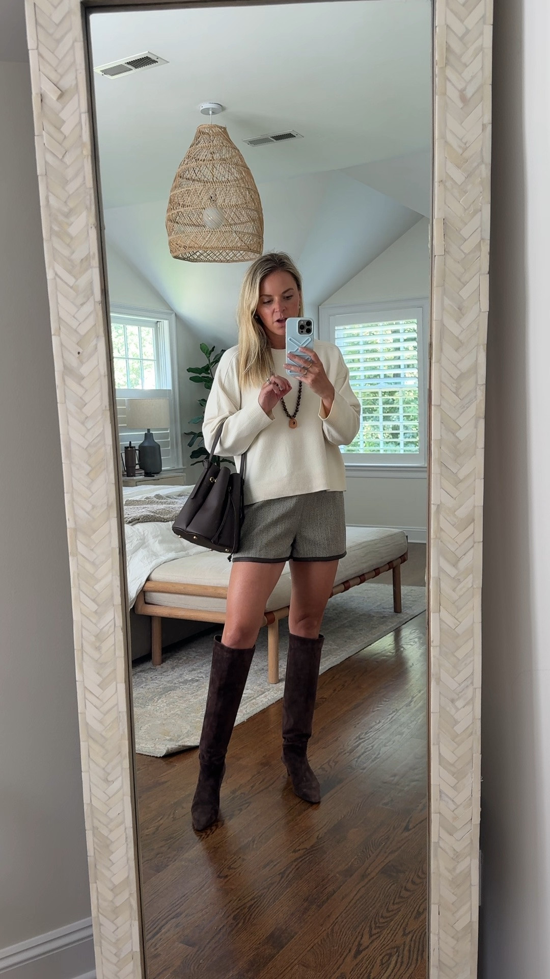 An easy look as we head into fall! I love the brown leather trim detail on these shorts. Use code Kendall20 for 20% off full-priced French connection styles until 8/18
•small sweater,tts 
•small shorts,tts 
•i sized up 1/2 in boots

#LTKSaleAlert