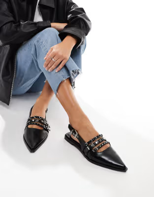 Stradivarius buckle detail pointed flat slingback in black | ASOS (Global)