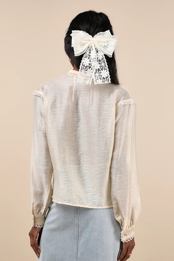 Pony Cream Sheer Pintuck Lace Long Sleeve Button-Up Top | Lulus