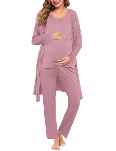 SWOMOG Maternity Nursing Robe Set 3 Piece Postpartum Pajamas Women Breastfeeding Pregnancy Hospital Labor Delivery Pjs, Pants, Taro Purple X-Large | Amazon (US)