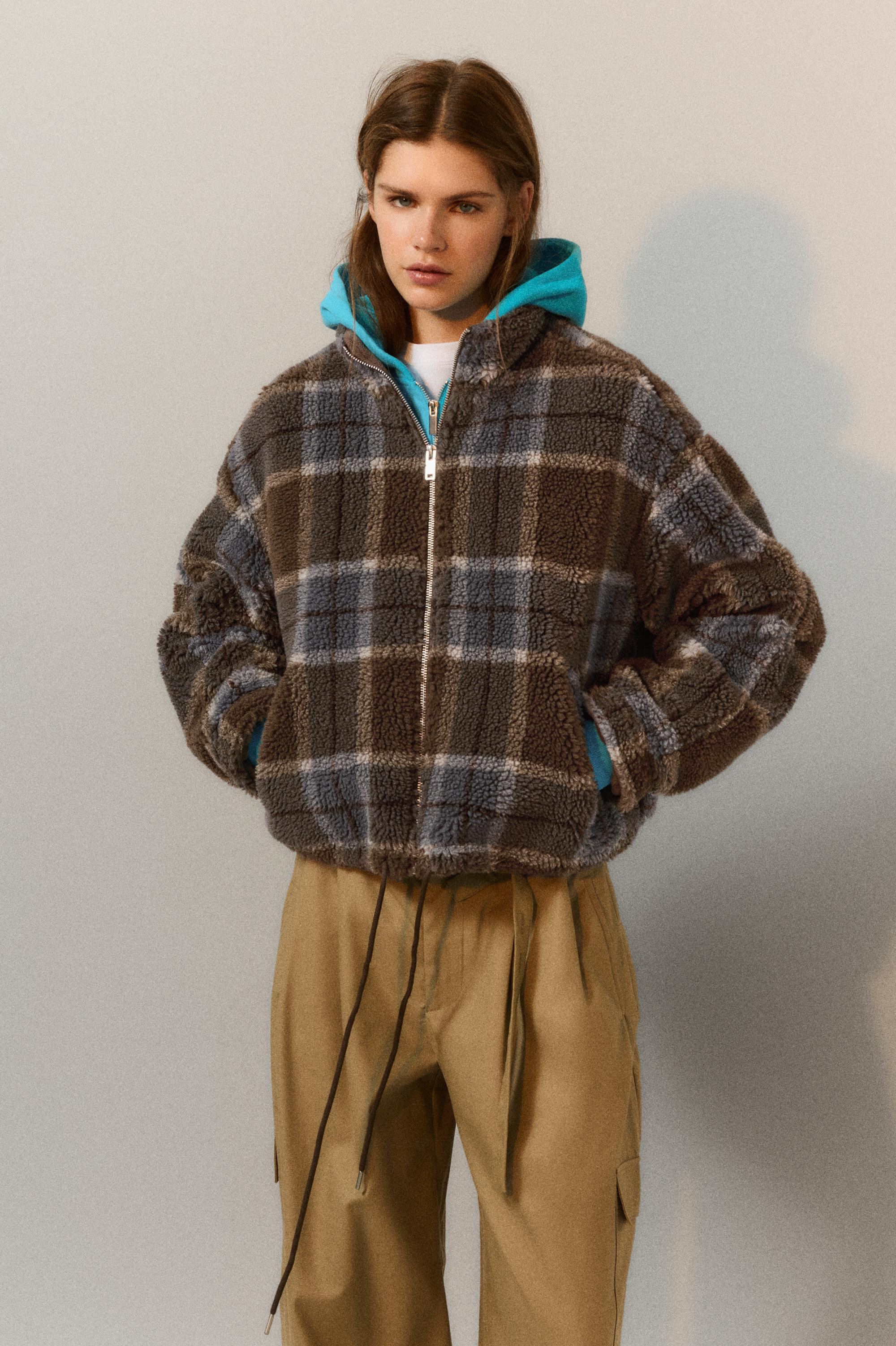 Check faux shearling jacket | PULL and BEAR UK