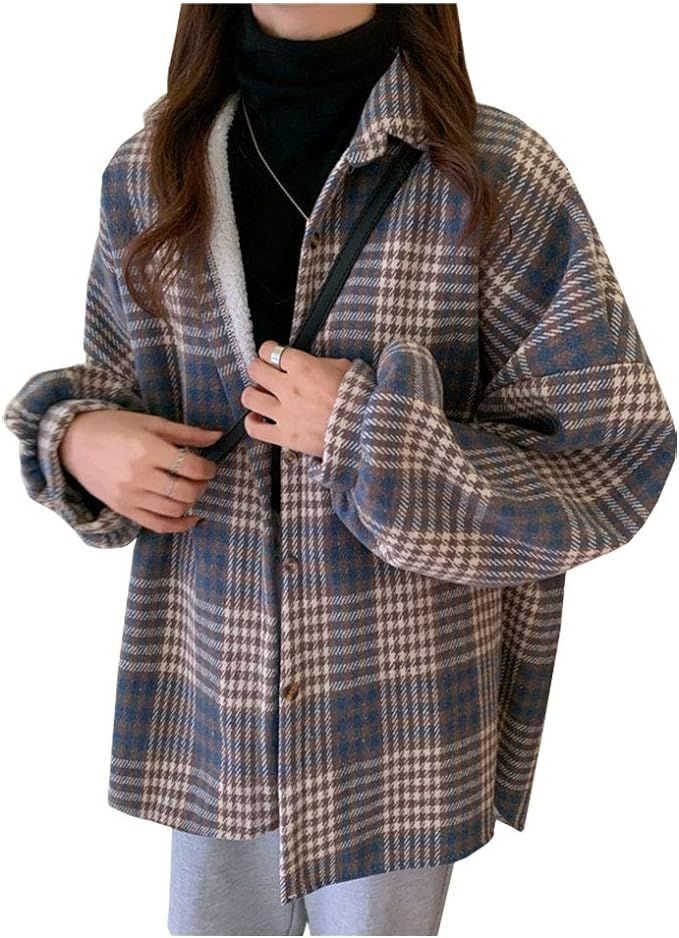 LifeShe Women's Warm Sherpa Lined Fleece Button Down Oversized Plaid Flannel Shirt Jacket | Amazon (US)