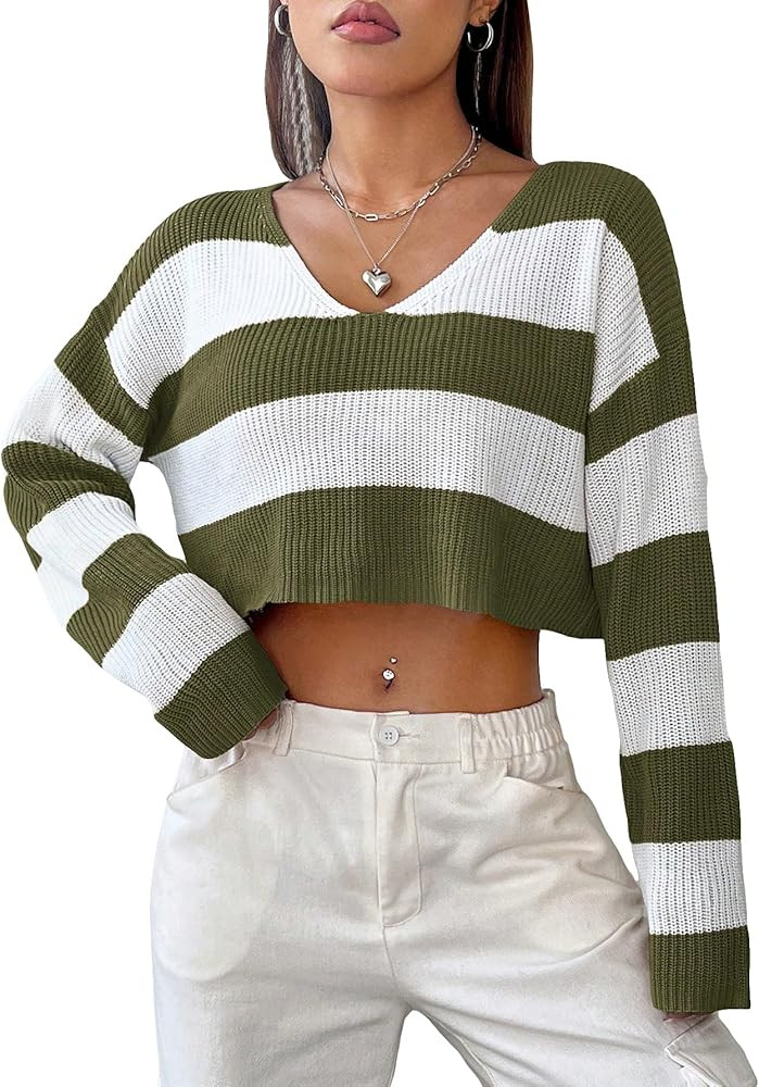 SweatyRocks Women's Striped Long Sleeve V Neck Crop Sweater Colorblock Drop Shoulder Pullover Swe... | Amazon (US)