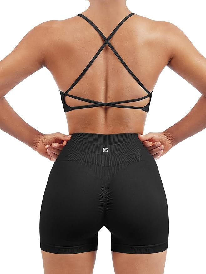 SUUKSESS Women Seamless Workout Sets Strappy Sports Bra High Waist Booty Shorts Outfits | Amazon (US)