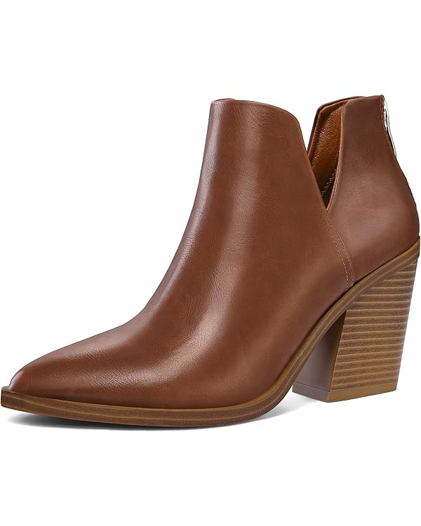 mysoft Women's Ankle Boots Slip on Cutout Pointed Toe Chunky Stacked Mid Heel Booties | Amazon (US)