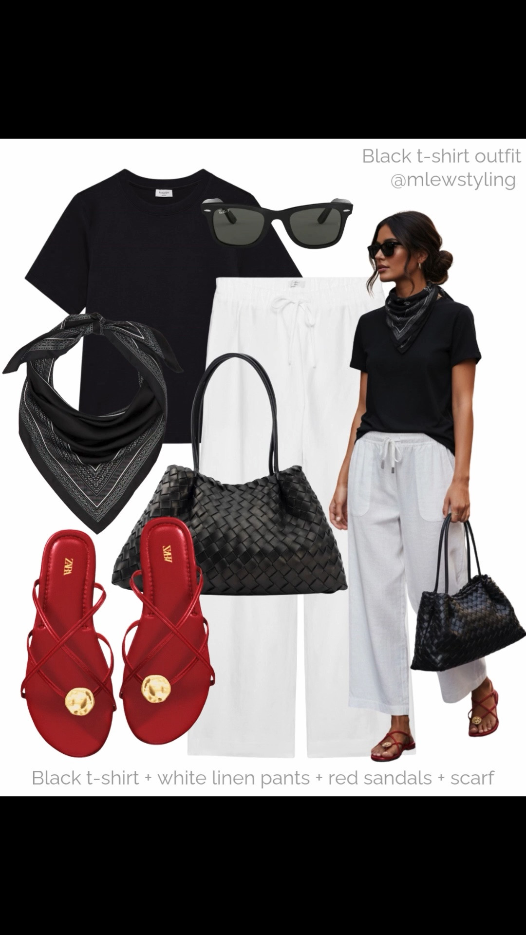 Black t-shirt + white linen pants + red sandals + scarf ✨

Tags: elevated summer outfit, Aritzia lodge pants, ray ban wayfarer sunglasses, Zara flat sandals, woven handbag, outfit formula

#LTKsummer #LTKbag #LTKshoes
