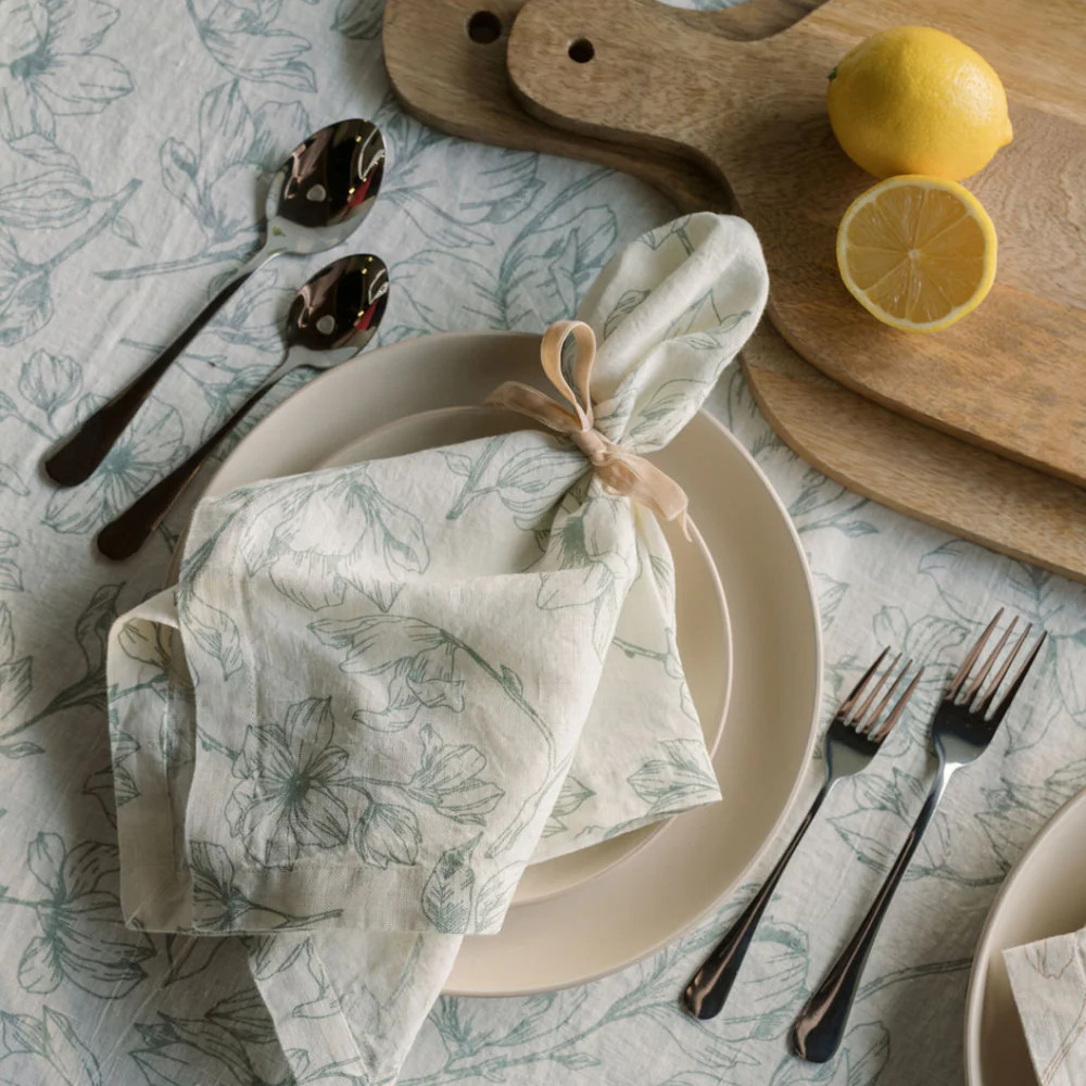 Grey and Green Lilies Linen Tablecloth | CG Hunter