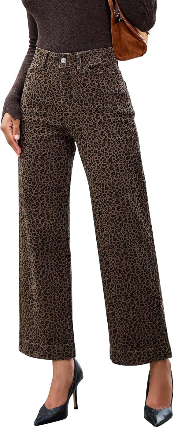 luvamia Wide Leg Jeans Woman Trendy High Waisted Leopard Cheetah Print Ankle Length Stretchy Deni... | Amazon (US)