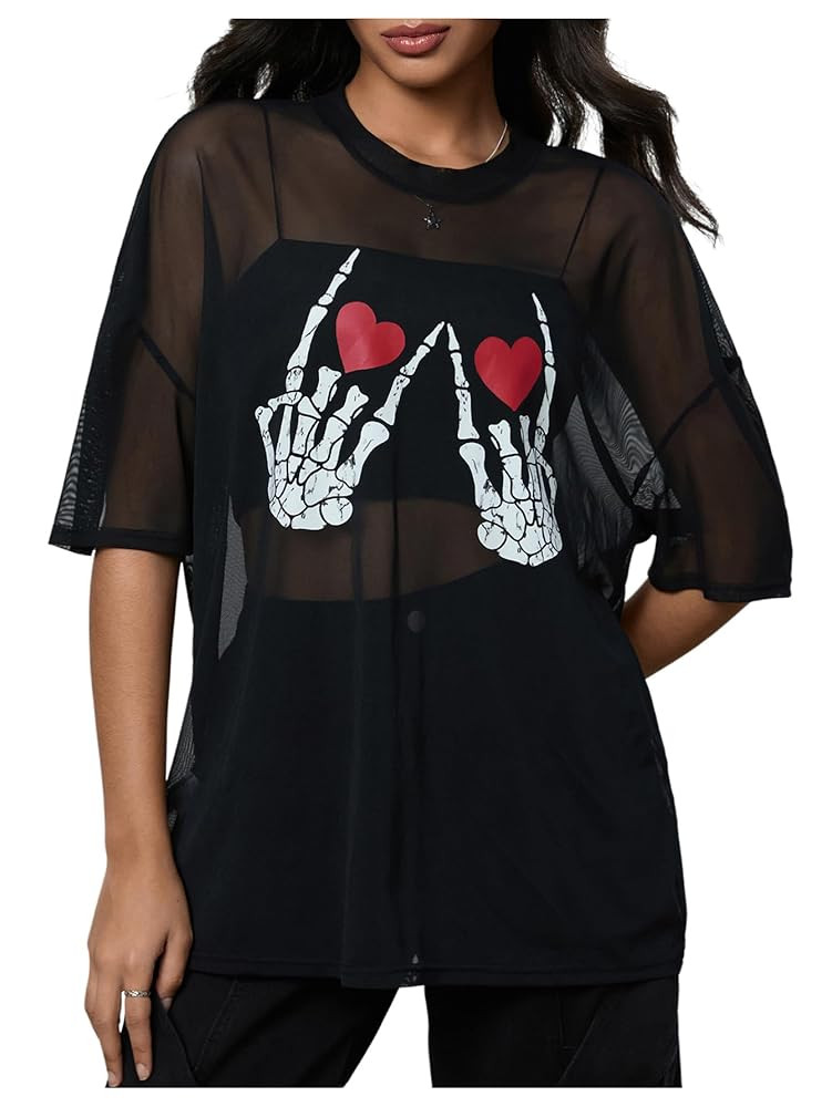 Verdusa Women's Y2k Tops Goth Skull Print See Through Top Short Sleeve Oversized Mesh T Shirt | Amazon (US)