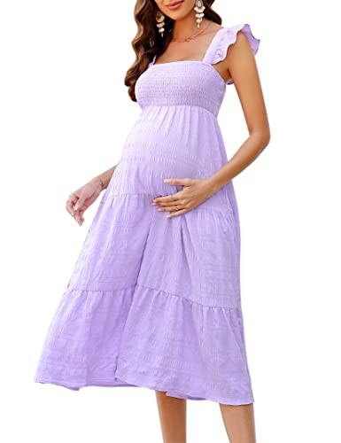 KOJOOIN Womens Maternity Dress Summer Sleeveless Smocked Square Neck Ruffle Casual Boho Midi Dres... | Amazon (US)
