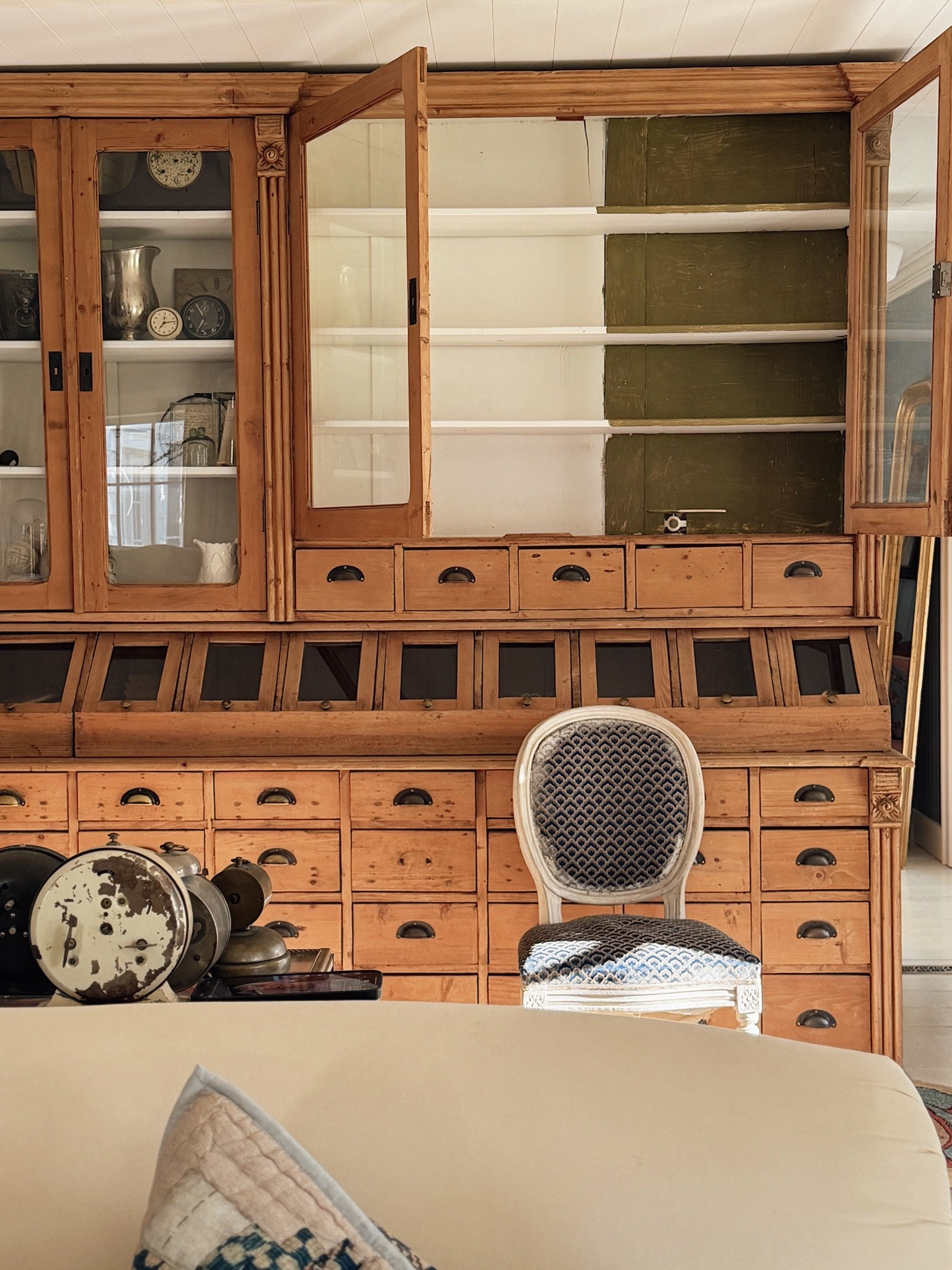 The coziest English cottage garden green paint going in this beautiful antique cabinet!