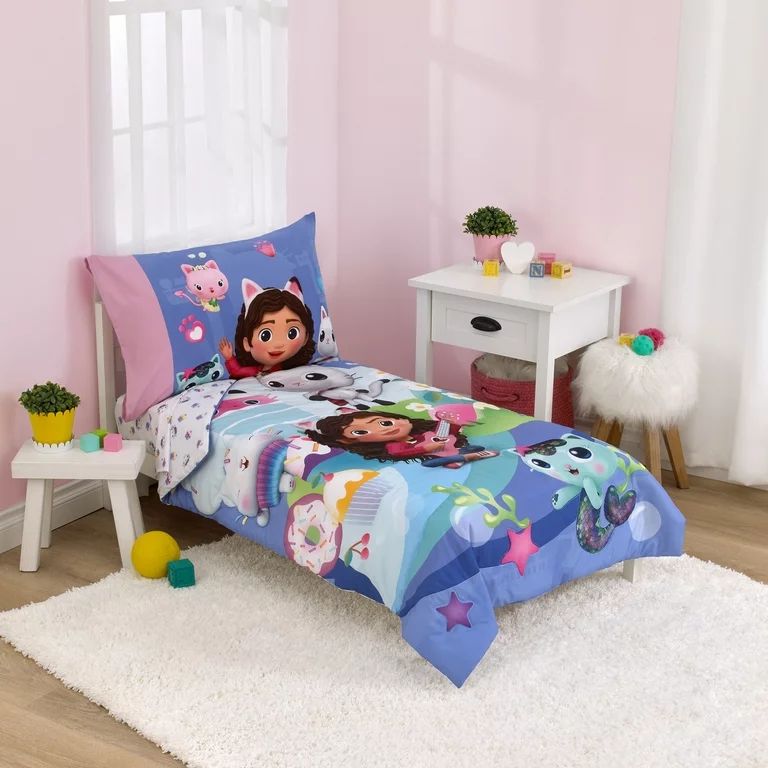 Universal Gabby's Dollhouse 4-Piece Toddler Bedding Set, Purple, Pink, Kitty Cats - Walmart.com | Walmart (US)