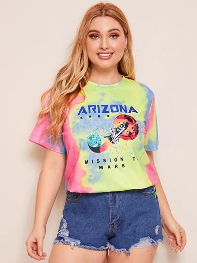 SHEIN Plus Letter Graphic Tie Dye Top | SHEIN