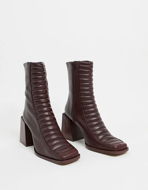 ASOS DESIGN Ready premium leather padded heeled boots in burgundy | ASOS (Global)