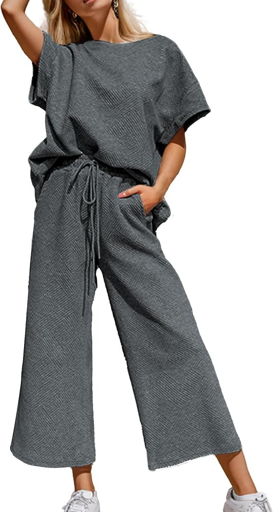 Women's 2 Piece Outfits Textured Sweatsuit 3/4 Batwing Sleeve Crew Neck Pullover Top Wide Leg Pan... | Amazon (US)
