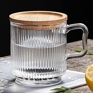 Leadiy Transparent Glass Coffee Mug with Lid, Clear Glass Coffee Cups, Classical Vertical Stripes... | Amazon (US)